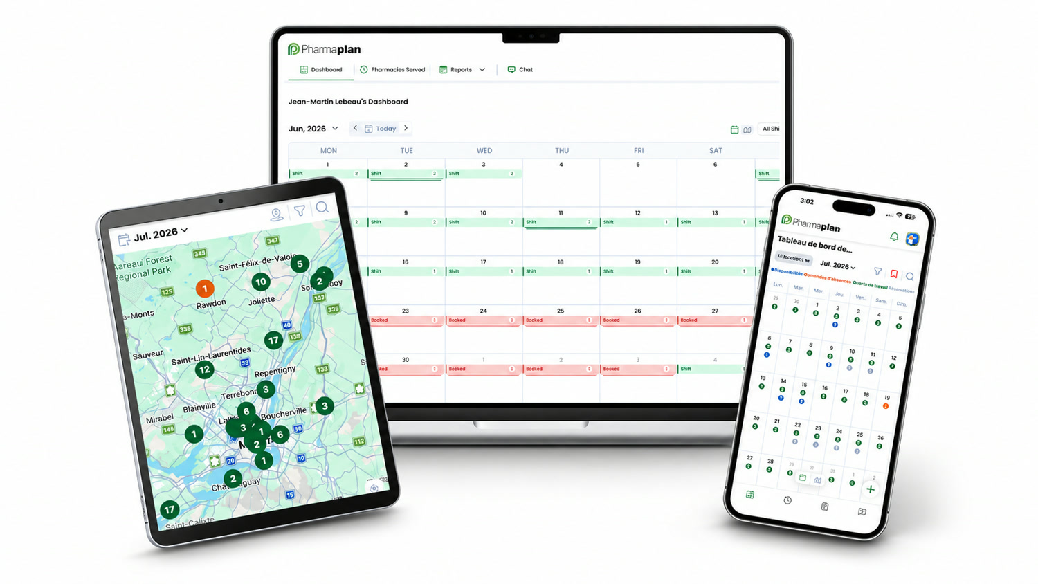 PharmaPlan — interface Web et mobile : calendrier, carte et planification